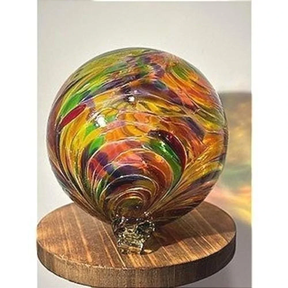 Vintage Kugel Style Hand Blown Glass Ornament Multi-color Swirl Bauble‎
